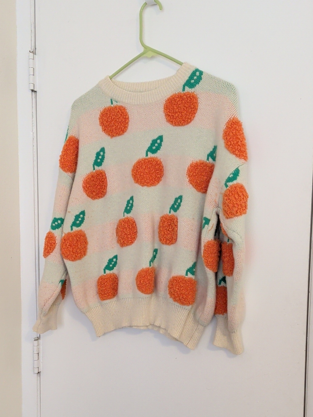 Cream & Orange Novelty Pom-Pom Sweater with Green Leaf Accents